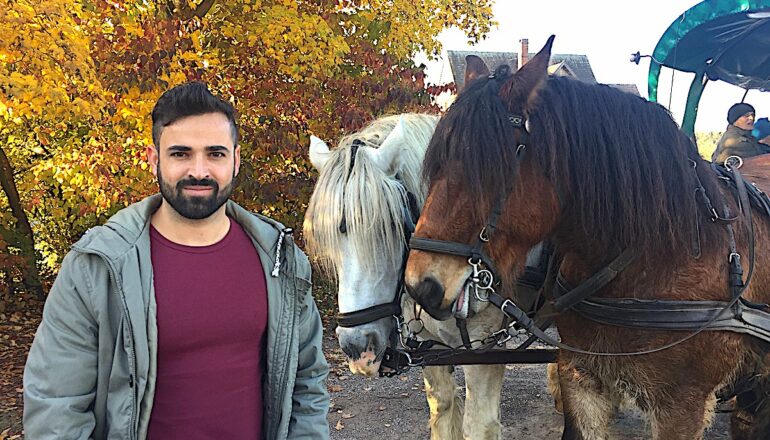 Erwachsener Mann mit Pferden im Reiterhof-Urlaub